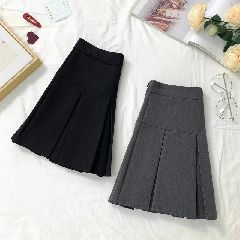 Vintage Gray Pleated Skirt Women Kawaii High Waist Mini Skirts Korean Fashion School Uniform Harajuku Streetwear Spring