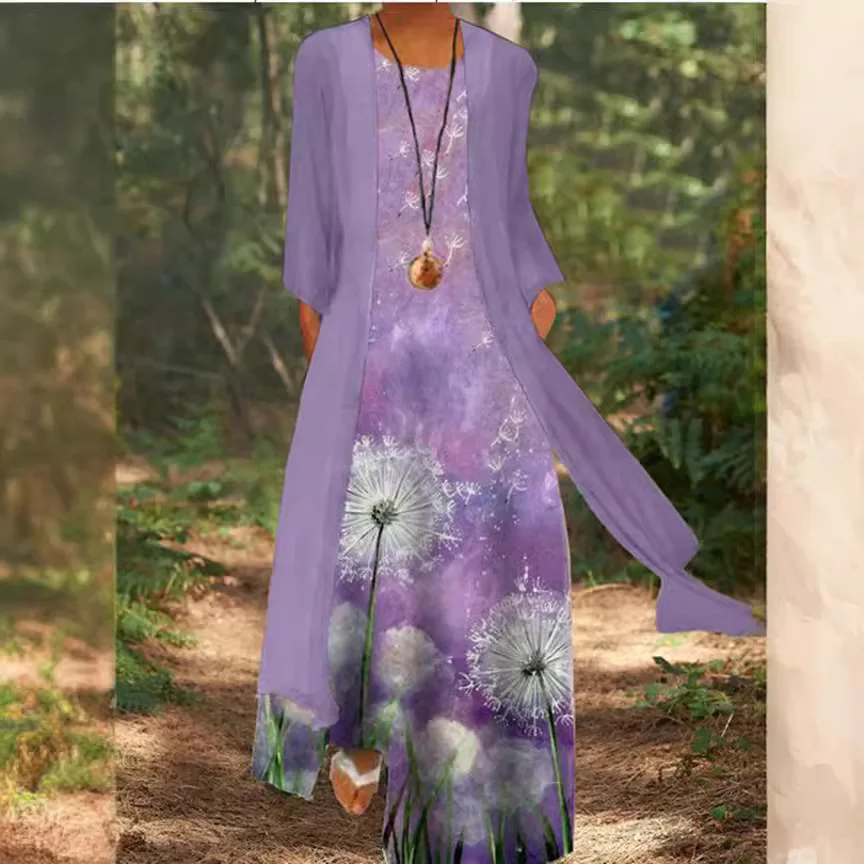 Nuovo set da due pezzi Lady Flower Print Abito lungo senza maniche con cardigan Abiti caldi Donna 2025 Summer Boho Abiti eleganti Cappotto
