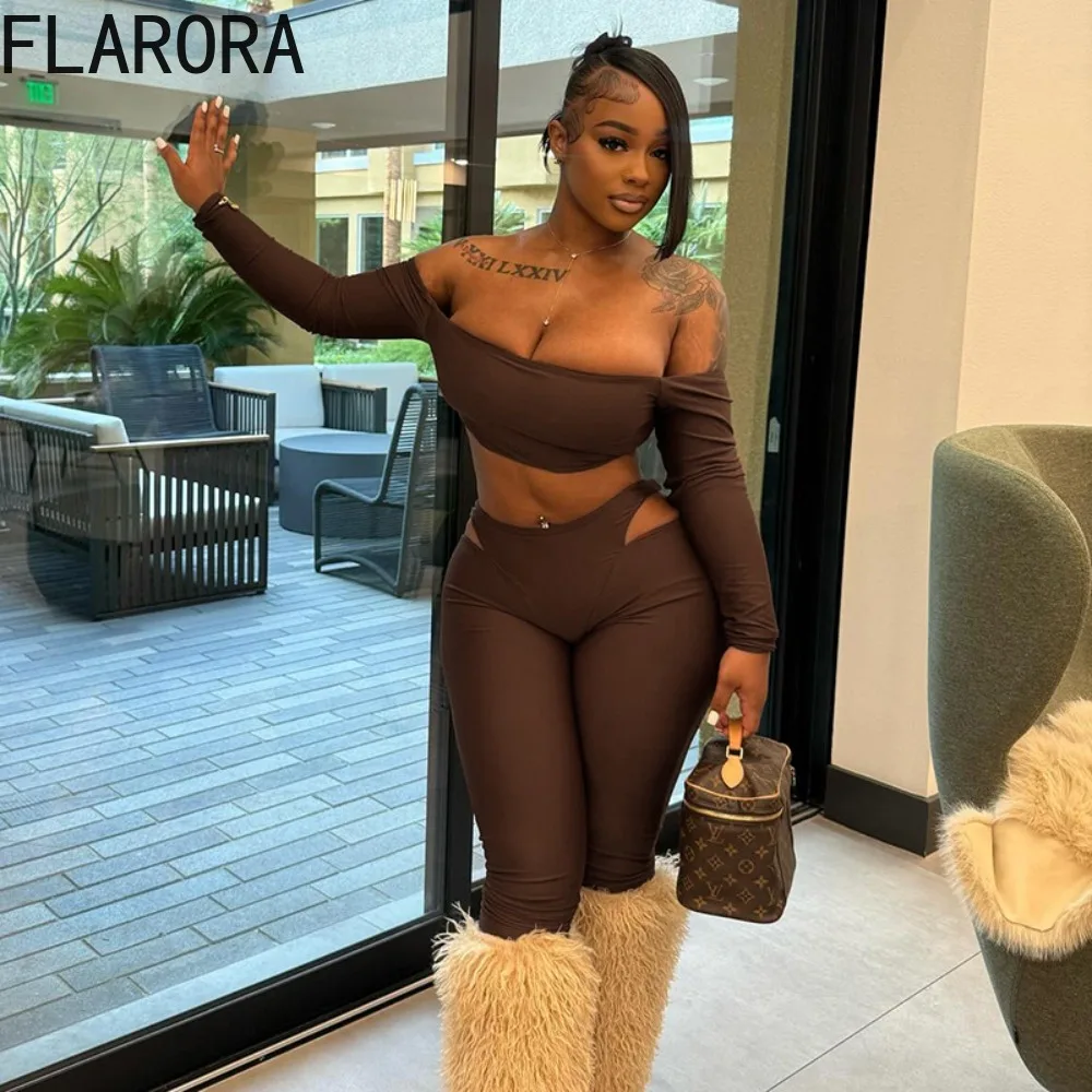 

FLARORA Sexy Hollow Out Two Piece Sets Woman Slash Neck Crop Tops and High Waist Skinny Leggings Outfits Female Y2k Streetwear