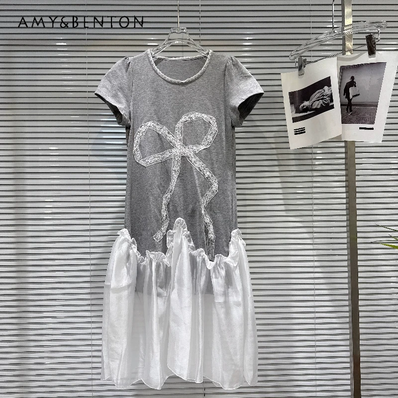 

Women's Short-sleeved Dress Fashionable Hot Girl Lace Bow Mesh Splicing 2026 Summer New Sweet Cool Loose Thin Dresses Ladies