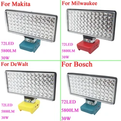 72 LEDs Work Light Flashlight Torch Type C USB Power Bank For Makita For DeWalt For Bosch For Milwaukee 18V 20V Li-ion Battery