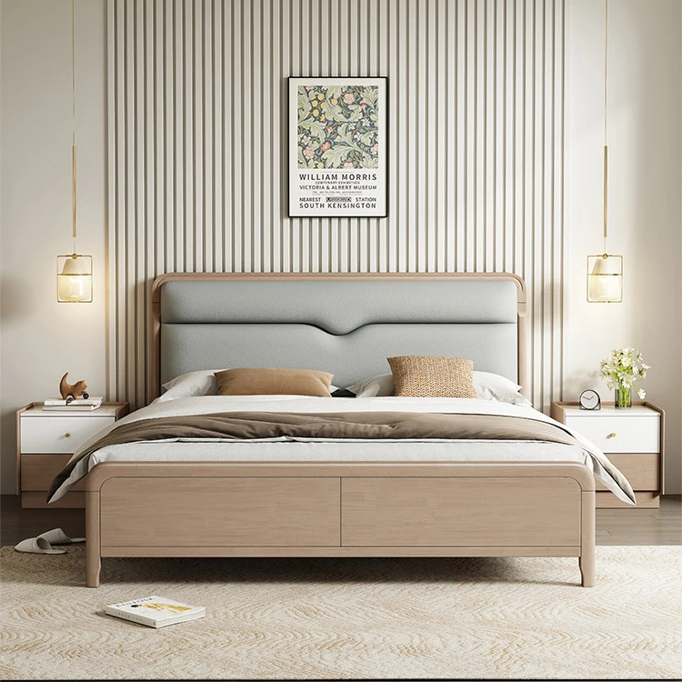 !@Hot Sales Double Size Solid Ash Wood Bedroom Furniture Modern Design with Storage Features for Home or Apartment  Manufacturer