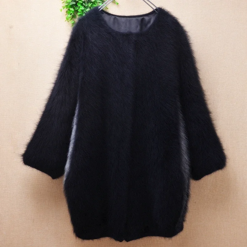 

Female Women Fall Winter Clothing Black Hairy Mink Cashmere Knitted Long Sleeves Slim Cardigans Angora Fur Jacket Sweater Coat