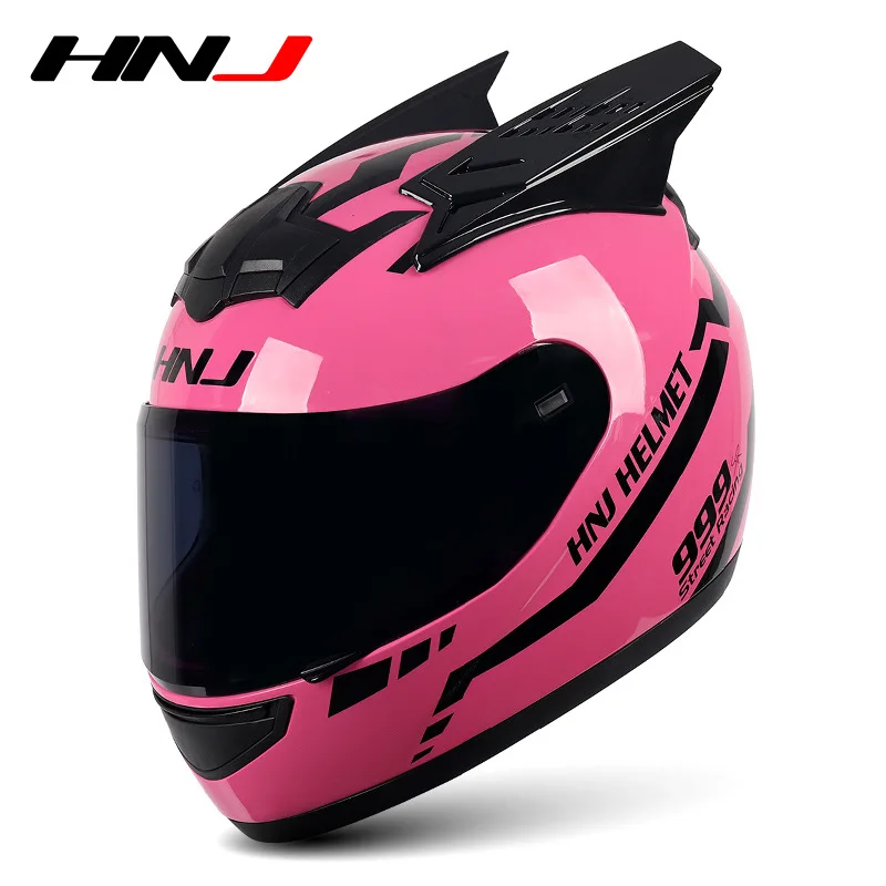 NONE Hnj Männer Motorrad helm Frauen Voll gesichts helm Reiten Persönlichkeit Horn rosa Helm Punkt Zertifizierung Casco Moto 9