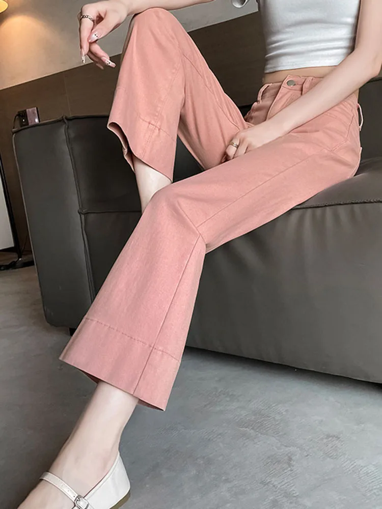 春秋ピンクヴィンテージフレアジーンズ女性カジュアルハイウエストストリートワイドレッグデニムパンツ韓国ファッションスキニー Vaqueros 新しい