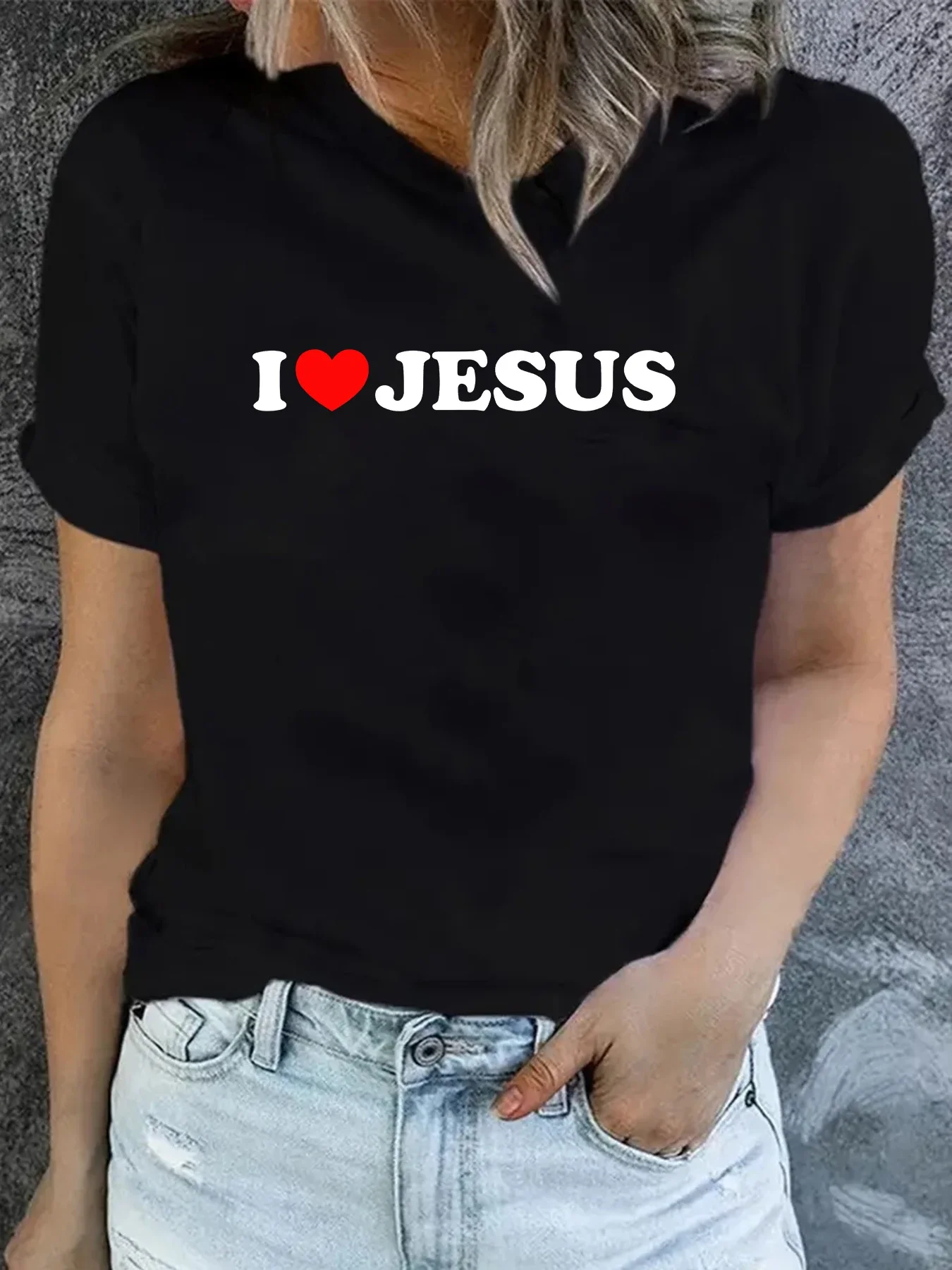 

Harajuku Short Sleeves Round Neck I Love Christian Letter T-shirts Fashion