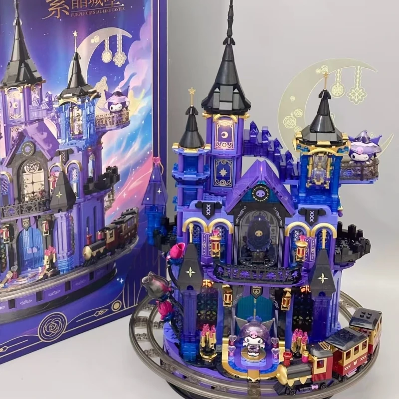 

Строительные блоки Sanrio Kuromi, хрустальный замок, модель для сращивания, украшение, большая подвижная сборка, вид на улицу, коллекция игрушек, подарки