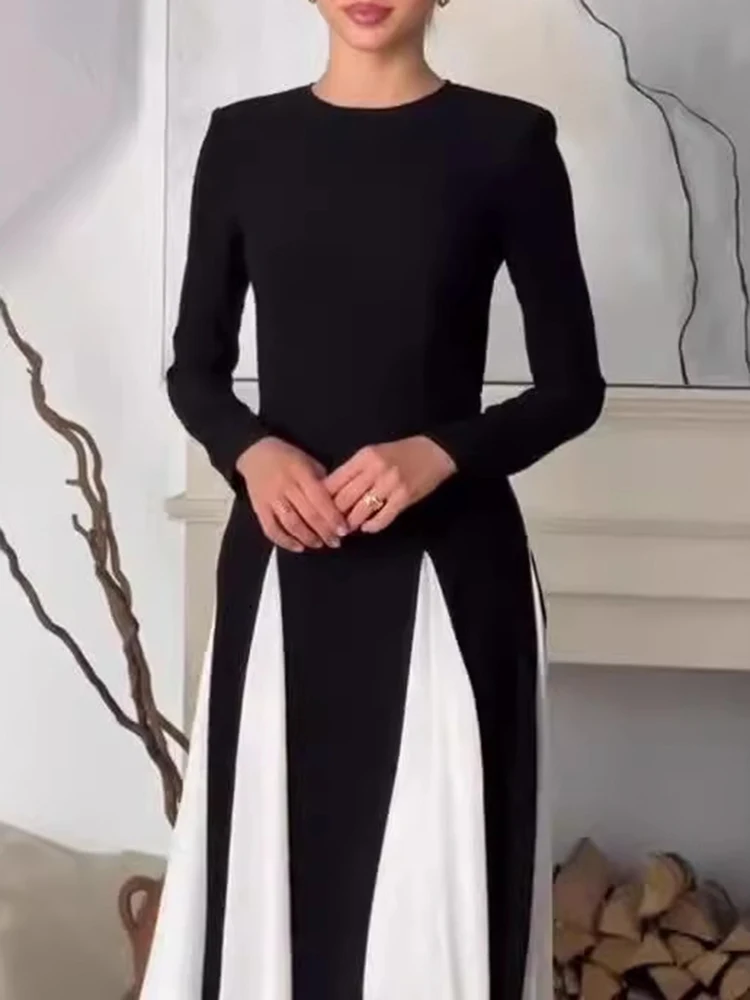 TWOTWINSTYLE Colorblack Patchwork Falten Kleid Für Frauen Rundhals Langarm Hohe Taille Abnehmen Elegante Kleider Weibliche Neue