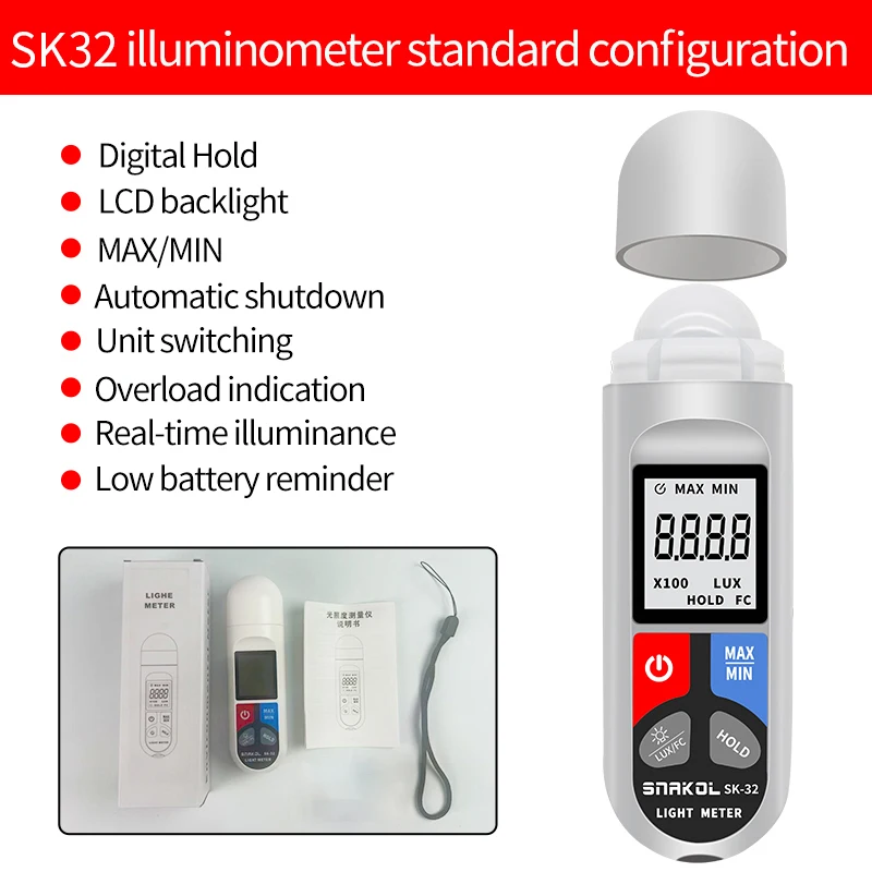 SK32 Lux meter 0~200,000lux Portable Range light meter pocket design High precision illuminometer lux/fc photometer tester