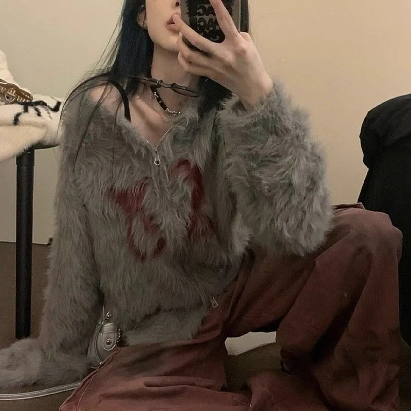 

American Vintage Zipper Spicy Sweater Knit Pure Color Long Sleeve Subculture Letter Pattern Fashion Casual Pullover Woman Autumn