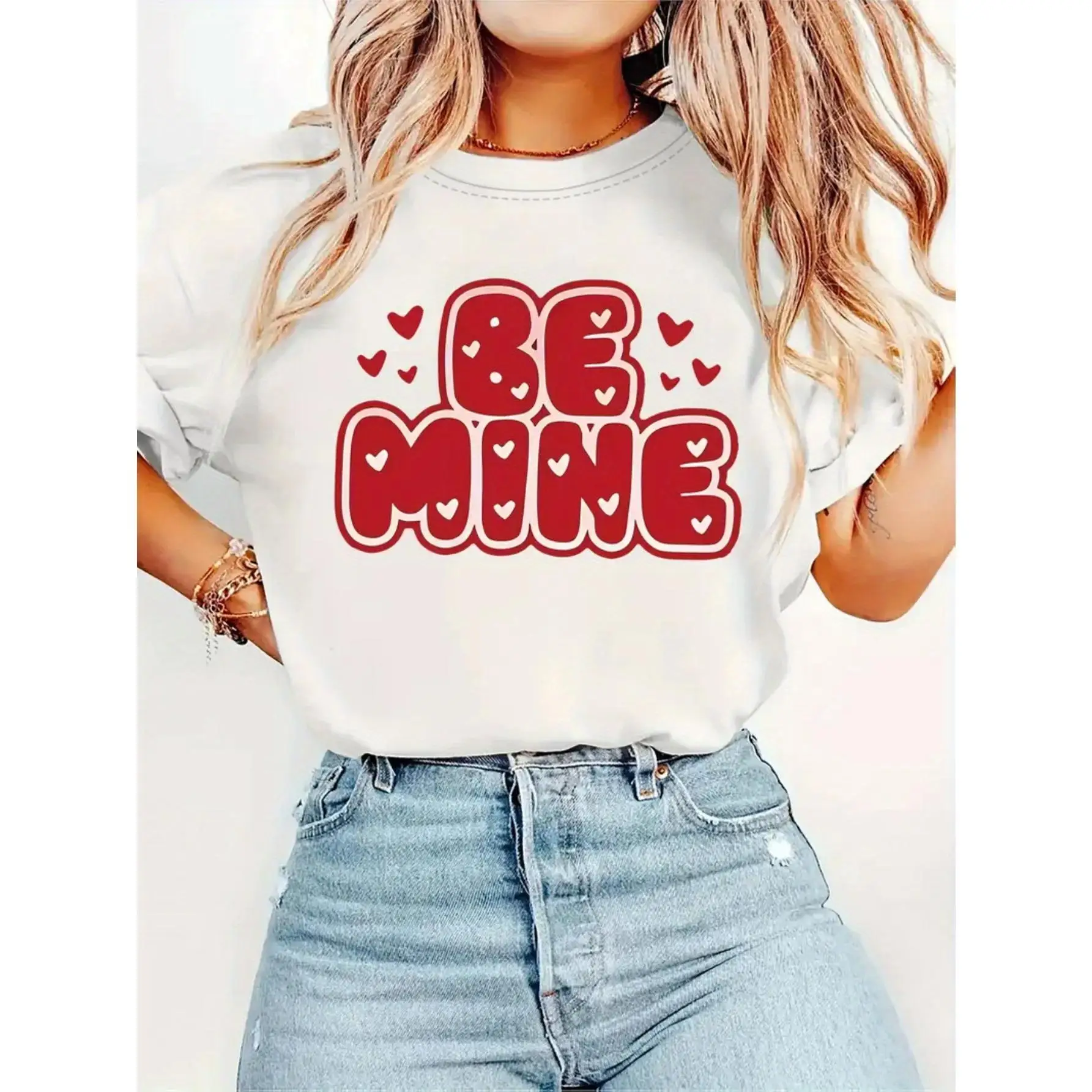 

Be Mine" Valentine's Day Women's T-Shirt - Casual Round Neck, Short Sleeve, Soft & Comfortable, White with Red Heart Print