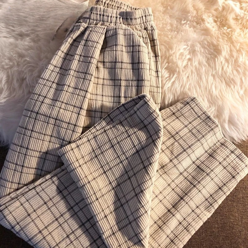 

QWEEK Japanese Casual Plaid Pants Woman Harajuku Basic Korean Fashion Vintage Wide Leg Trousers Autumn New Corduroy Pantalones