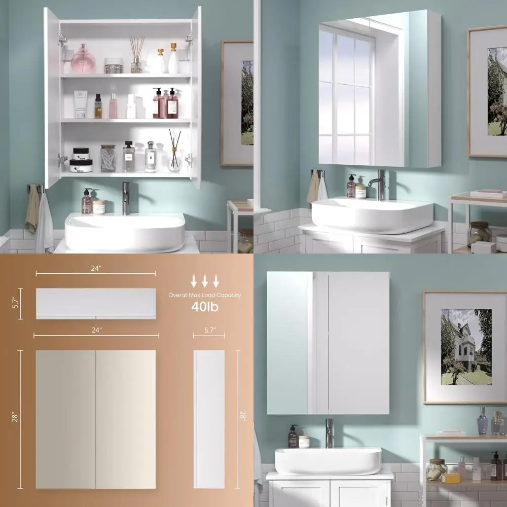 

24x28 Inch White Bathroom Wall-Mounted Cabinet with 2 Doors and Adjustable Shelves (Assembly Required)