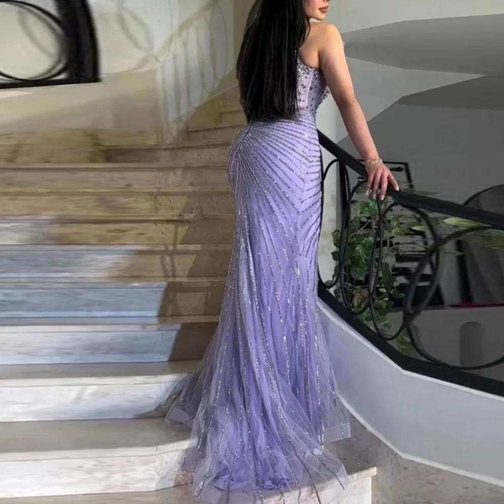 맞춤형 퍼플 크리스탈 이브닝 드레스, 스플릿 스팽글 코르셋 드레스, 여성용 스트랩리스 튤 특별 행사 가운
