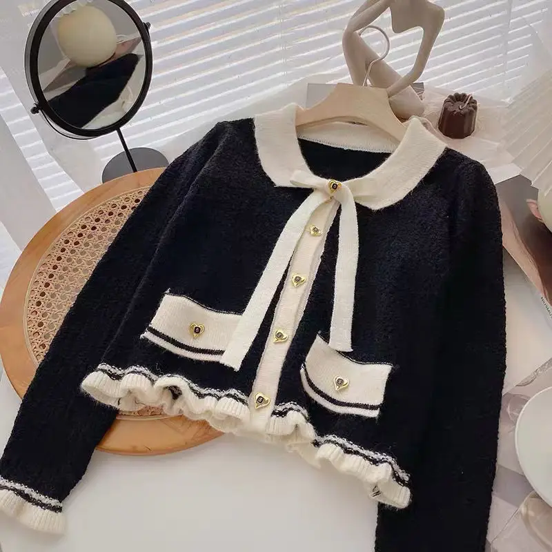 Wooden Ear Edge Color Contrast Bowknot Sweater Cardigan Women Autumn and Winter 2023 Foreign Small Fragrant Long Sleeve Cardigan