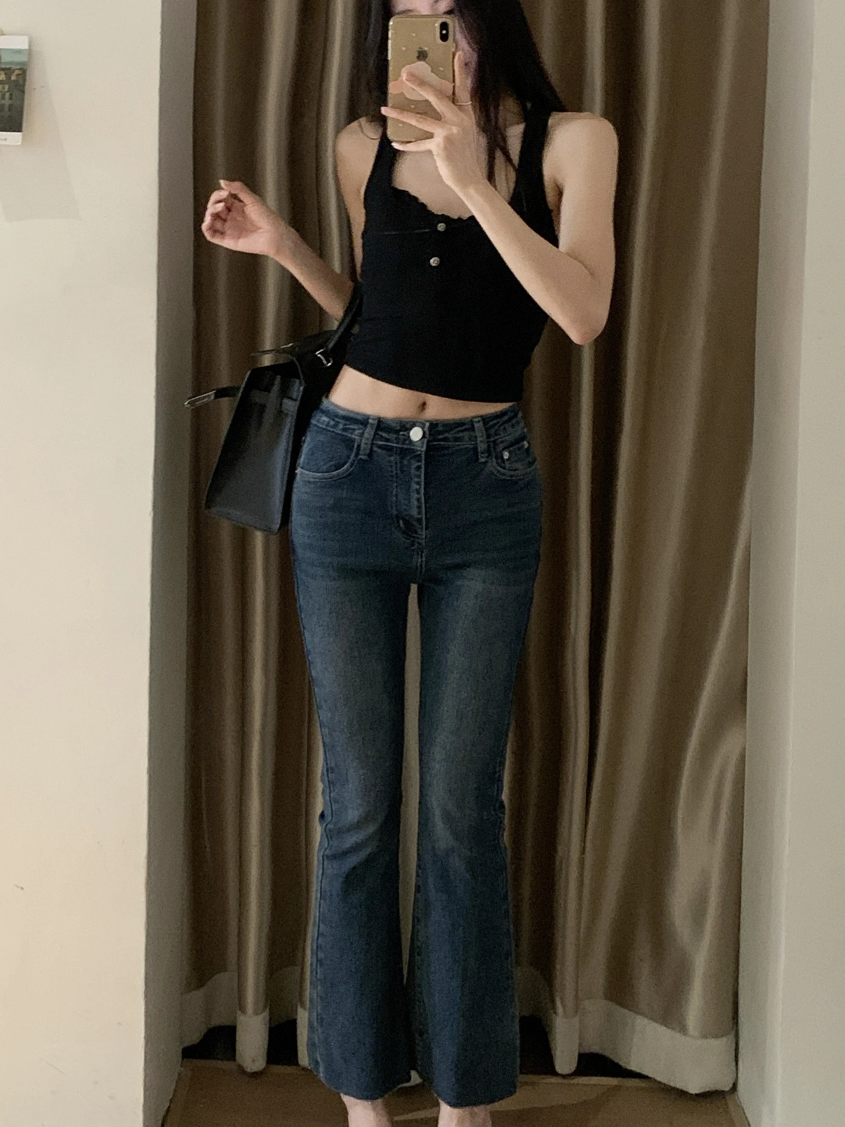 Slim Fit Denim Jeans Street Style Elastic Nine Points Micro Flared Honey Peach Butt Lift Tummy Control Bootcut Jeans