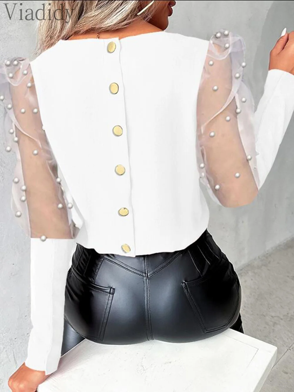 Women Casual Solid Color Round Neck Beaded Buttoned Sheer Mesh Patchwork Puff Sleeve Top