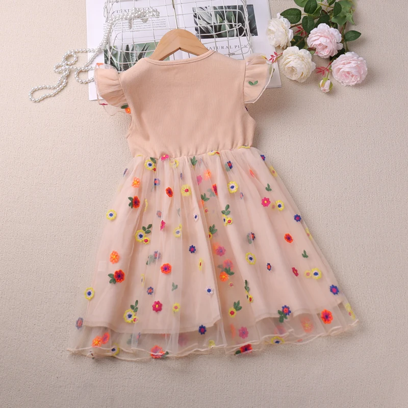 Humor Bear Girls\' New Summer Clothes Fly Sleeve Print Splice Sweet and Cute Mesh Dress Gentle Style  Vestidos Casual Outfit 2-6Y