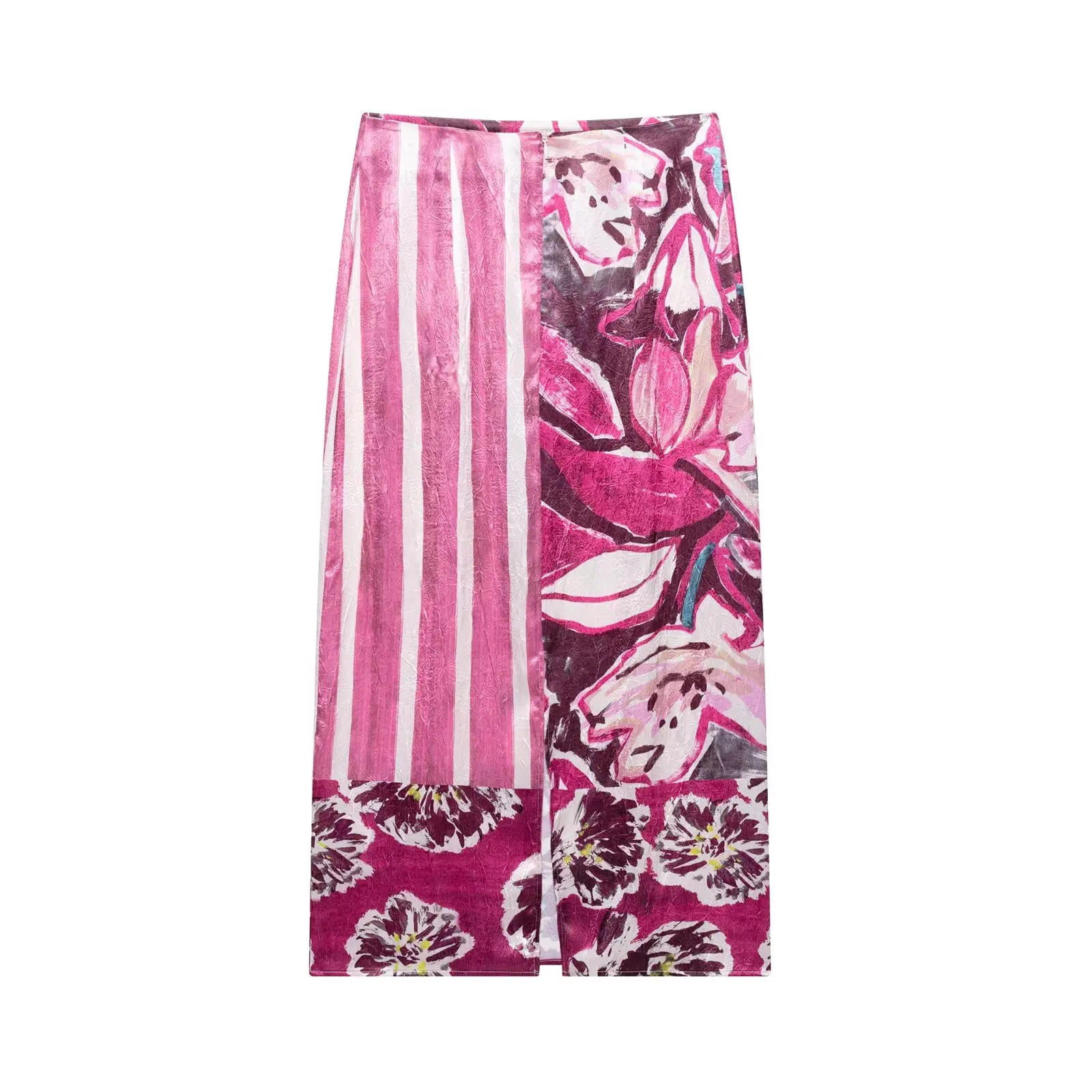 エレガントな女性のファッションストライプ花パッチワークプリントバックスプリットミディスカート段段faldas mujer女性の夏のサイドジッパースカートQUN9078