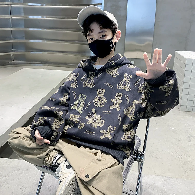 Autumn Boys Loose Hooded Sweatshirts Spring Kids All-Over Bear Print Track Pullover Children Work Jumper Outfit Top Hoodie Coat