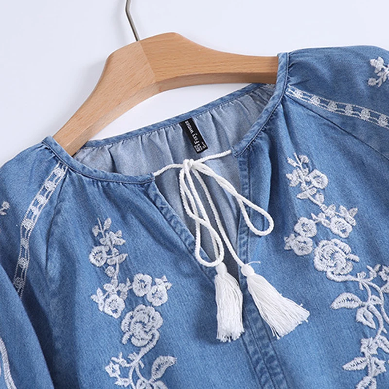 ใหม่ 2025 ฤดูร้อนโคมไฟ Tence DENIM เสื้อผู้หญิง O คอเย็บปักถักร้อย LACE-up, Mori สาว Retro Casual เสื้อหลวม T55014CC