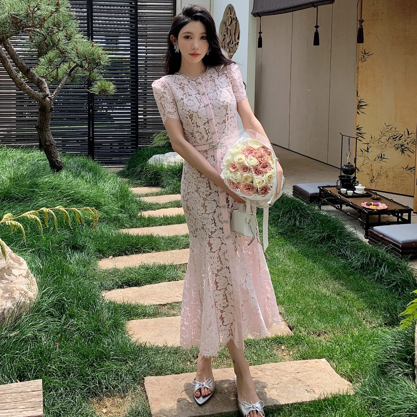 Summer Luxury Formal Evening Lace Dresses Women Single Breasted Bead Bow Short Sleeve Elegant Mermaid Party Birthday Long Dress