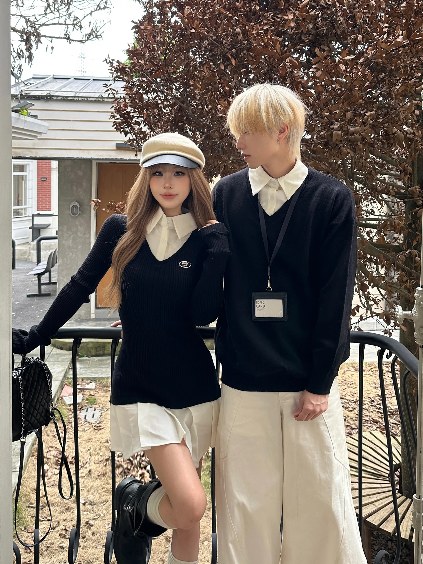 Korean Style College Couple Matching Fake Two-Piece Knitted Dress Men's Long Sleeve Slimming Sweater with Collar for Autumn