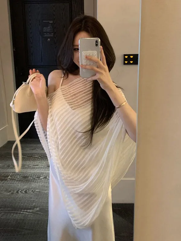 

Модный асимметричный вязаный комплект-накидка от солнца для женщин: летнее платье на бретельках и комплект из двух предметов в повседневном стиле для защиты от солнца