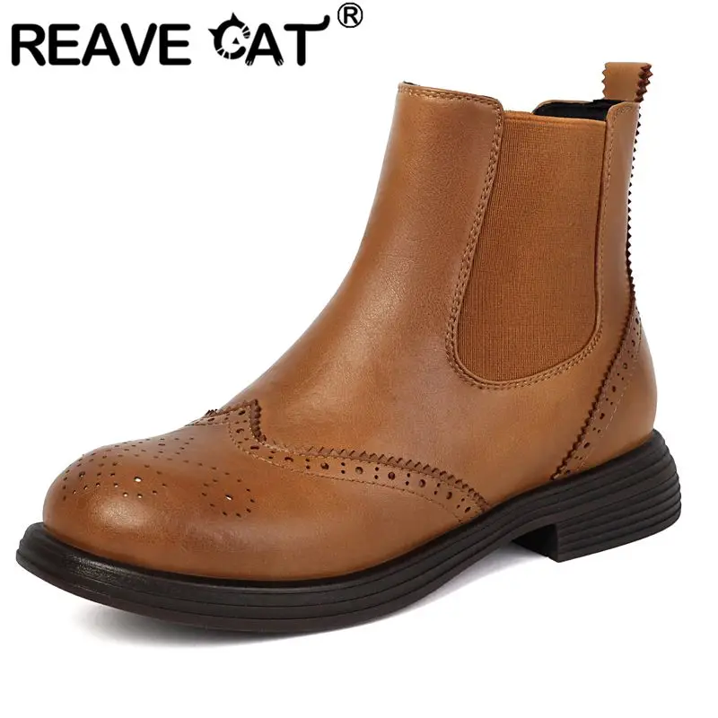 

REAVE CAT Brown Women Ankle Boots Round Toe 3cm Thick Sole Slip On Large Size 44 45 46 Leisure Daily Handmade Chelsea Bota Shoes