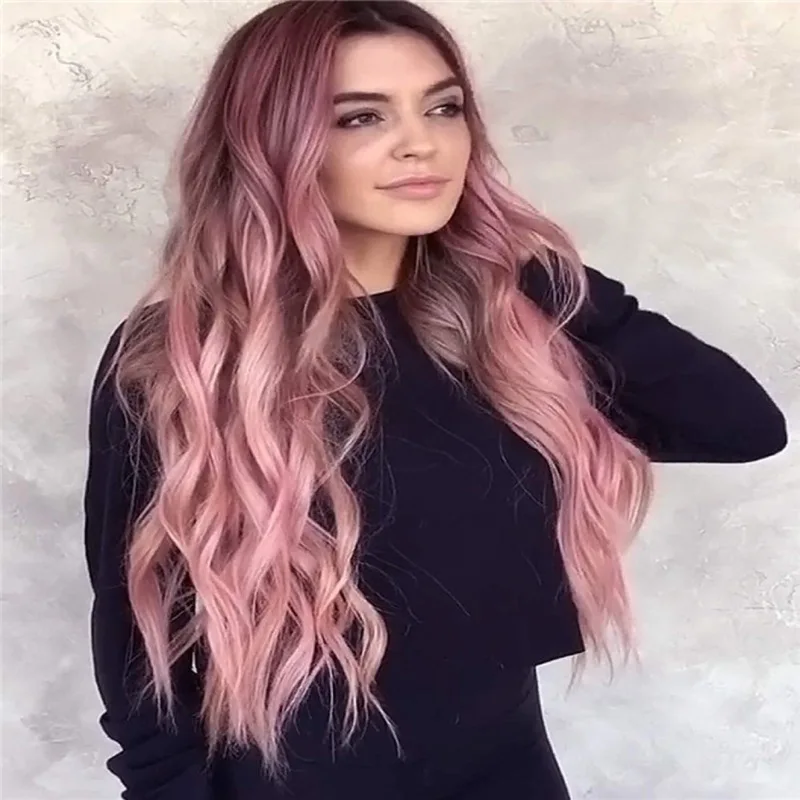 European and American style women's wig, Harajuku purple curly , pink big wavy long hair, medium-length synthetic fiber