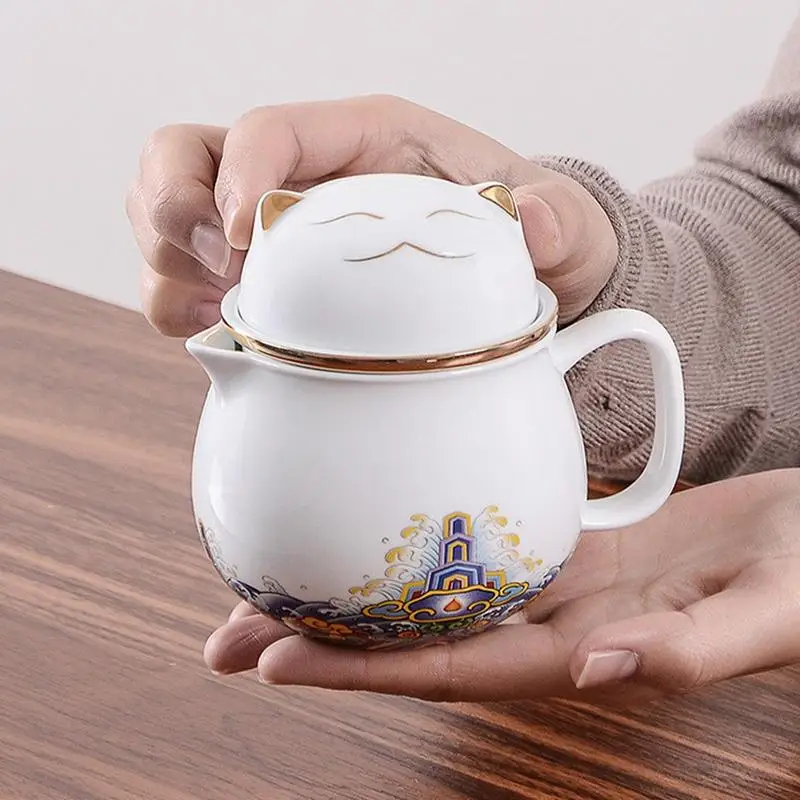 Ceramic Tea Pot Set Portable Teapot Set Lucky Cat Ceramic Tea Cup Set Shockproof Tea Set Porcelain Tea Cups With Tea Strainer
