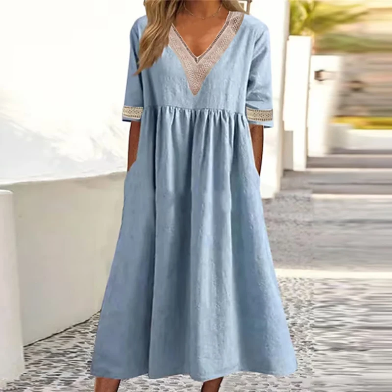 Women Elegant V-neck Party Dress Summer 2023 Fashion Solid Half Sleeve Cotton Linen Long Dress Ladies Casual Loose Dress