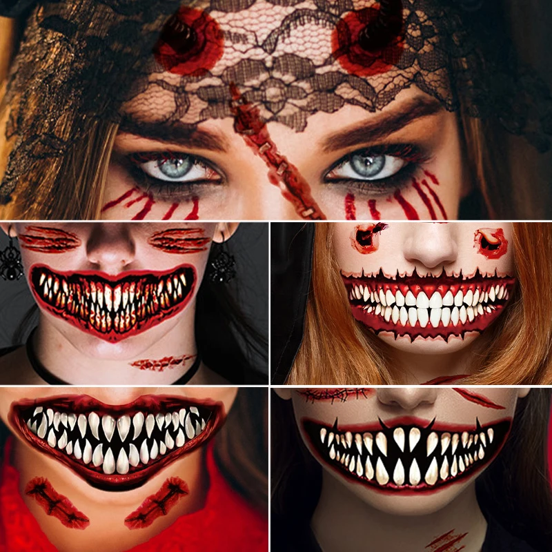 Halloween Big Mouth Face Tattoo Scar Stickers for Day of the Dead Party Temporary Tattoos for Women Men Night Bar False Tattoo
