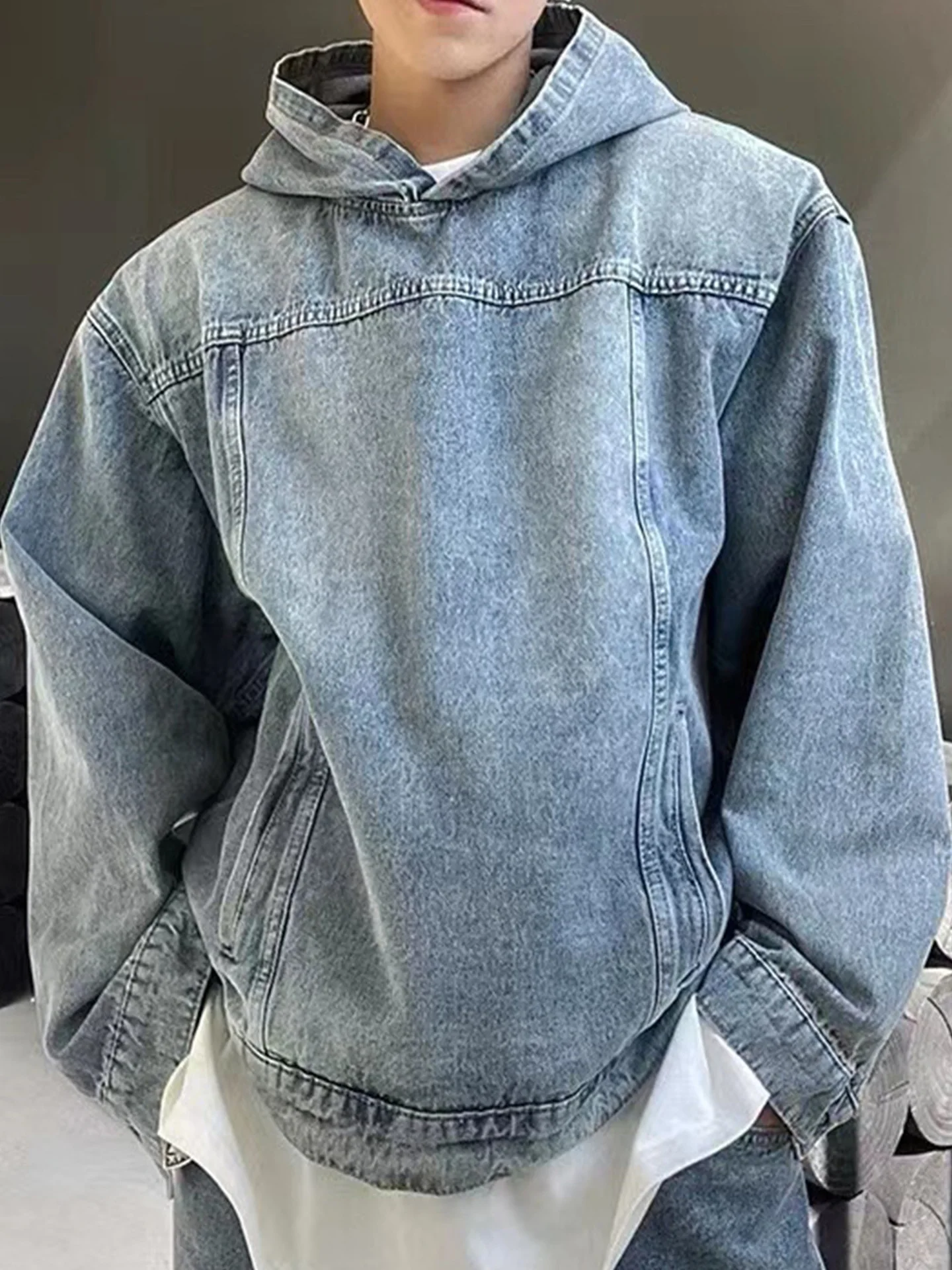 

Waed Hooded Denim Sweatirt Men's American Retro Sle Long Sve Streetwear Casual Hoodie for Autumn Season