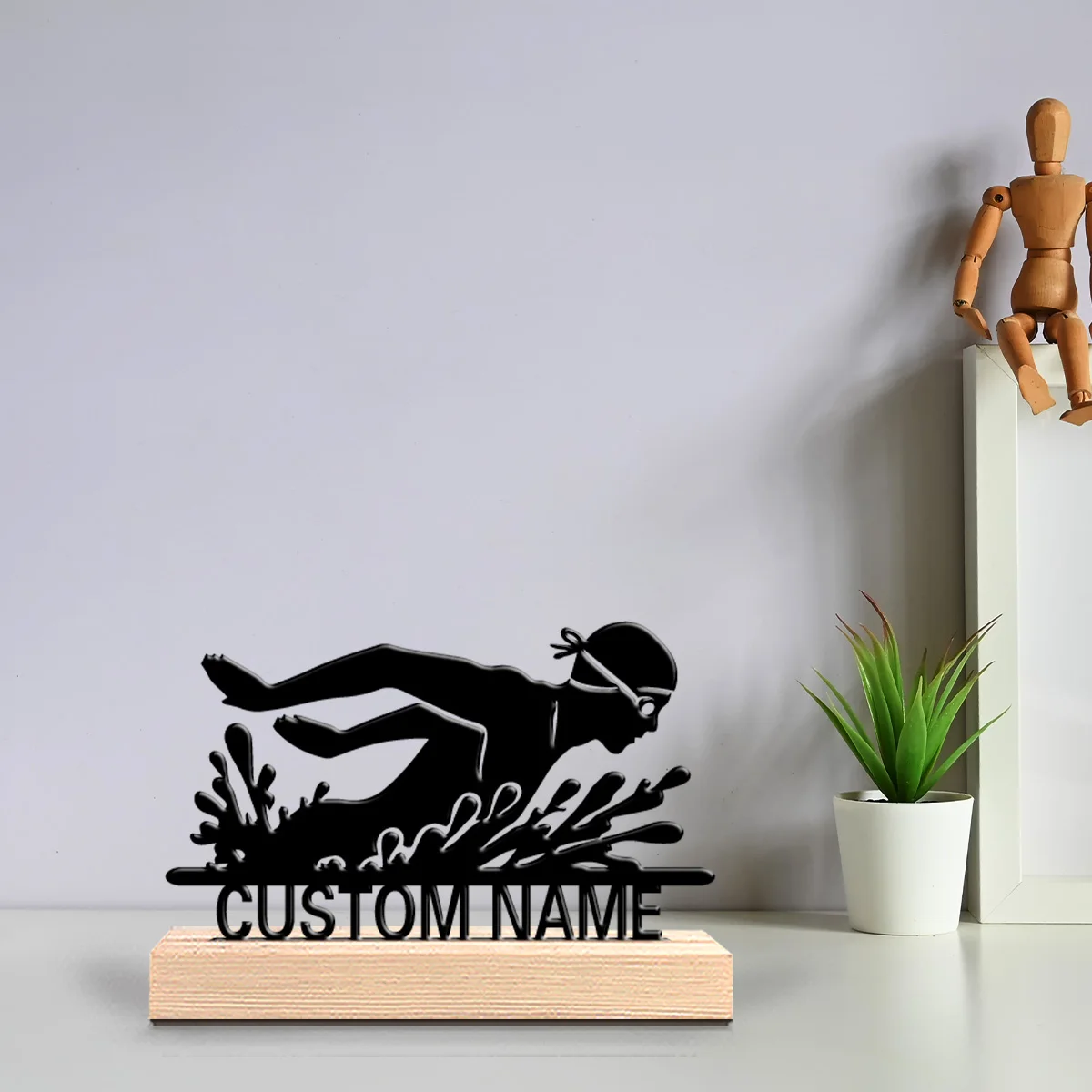 1pc Abstract swimmer Customized Letter Metal Statue Iron Ornament Crafts With Wood Base Tin Ornament With Wood Base Office Desk