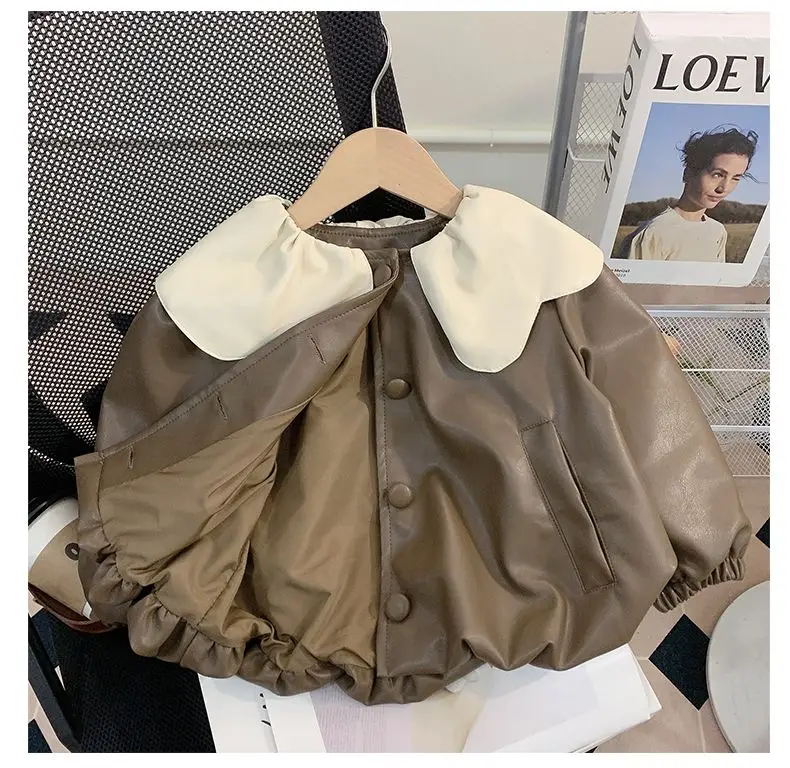 Baby Girls Coats Leather Jacket Fashion Turn-down Collar 2024 Autumn New Korean Style Childrens Fur Coats Clothe