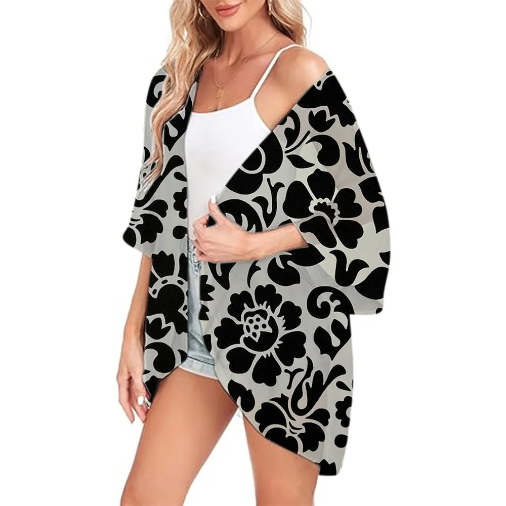 

Women's Floral Print Puff Sleeve Kimono Cardigan Loose Cover Up Casual Blouse Lightweight Kimono Chiffon Open Front Tops Beach