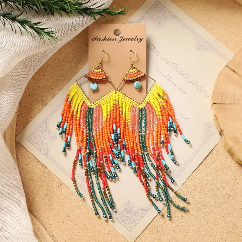 Rice bead earrings Tassel Gradient Pendant Geometry Hand knitting Bohemia Alloy Fashion Simple Beaded earrings