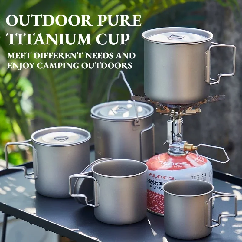 Outdoor Pure Titanium Mug Foldable Handle Delivery Storage Bag Portable Storage Camping Hiking Picnic Tableware