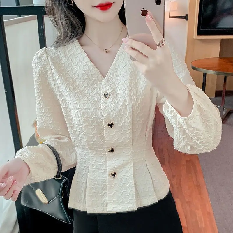 French Casual V-Neck Puff Long Sleeved Women\'s Shirts And Blouses Heart Button Pleated Slim Top Office Lady\'s Elegant Shirt