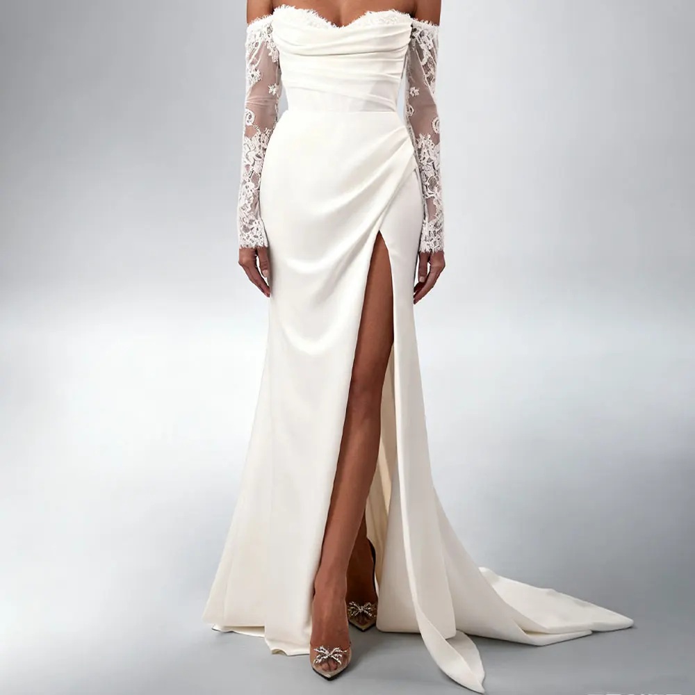 Eleganckie satynowe suknie ślubne typu syrena z koronką dla panny młodej, z długim rękawem, Vestidos Novia, plażowe suknie ślubne z dekoltem w serduszko i trenem.