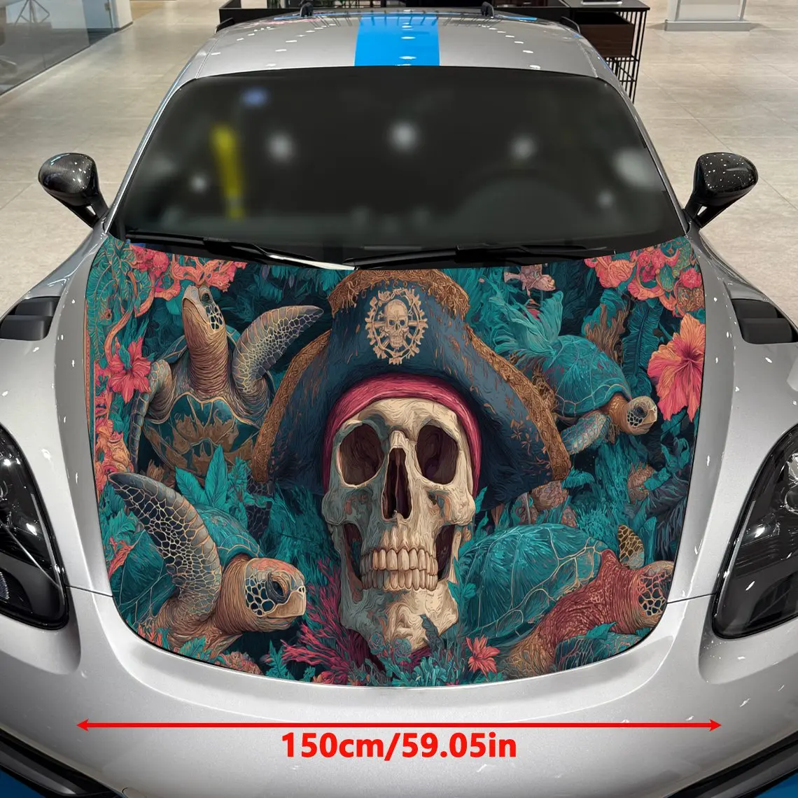 Pirate Skull Turtle Car Hood Wrap, Car Hood Decal, Car Exterior Accessory, Waterproof and Self-adhesive Auto Cover Sticker, Cool