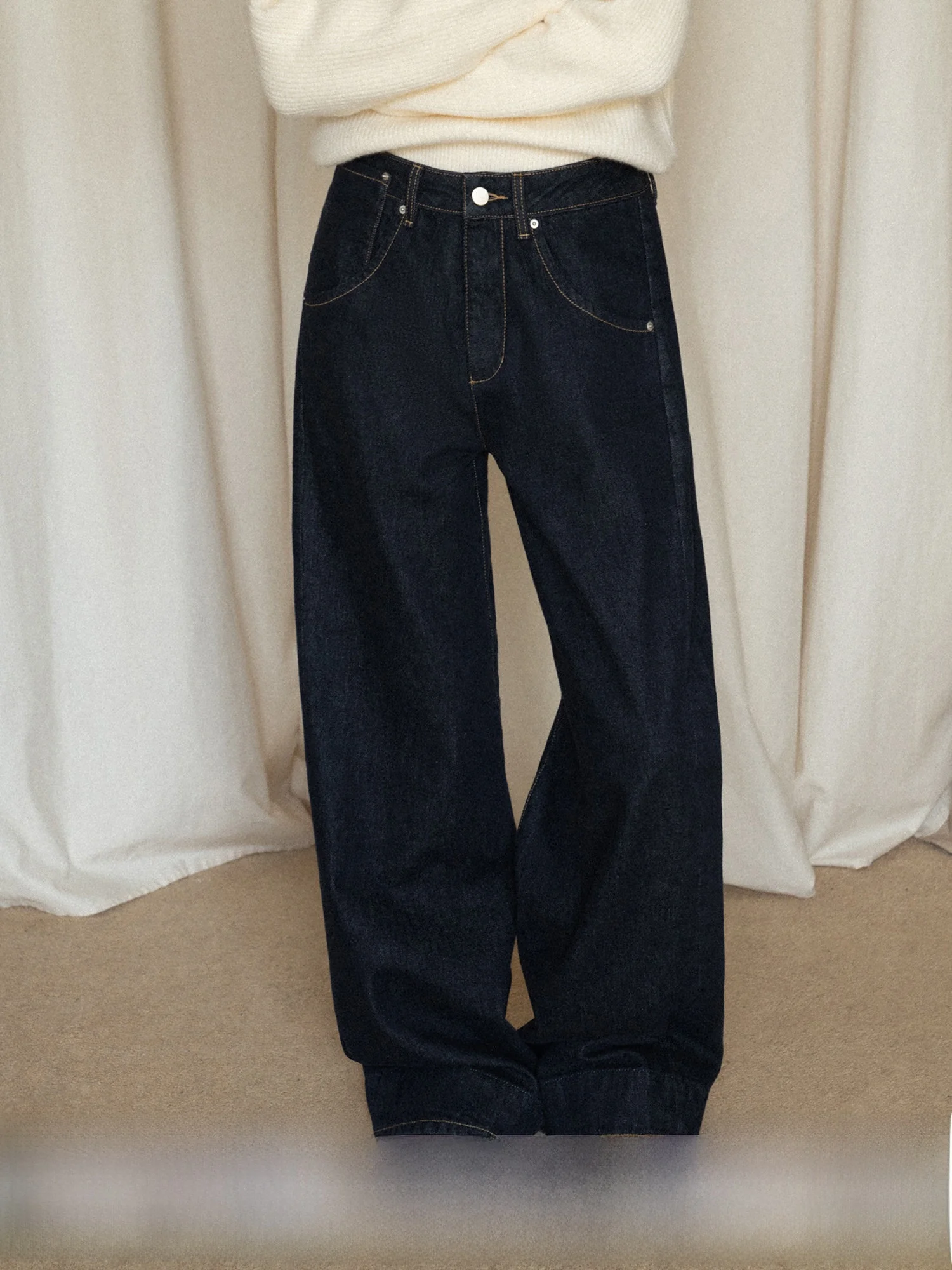 

Retro Blue Fleece Lined High Waist Loose Long Jeans Warm Cotton Straight Leg Pants Women's Fashion Autumn Winter Seasonal Use