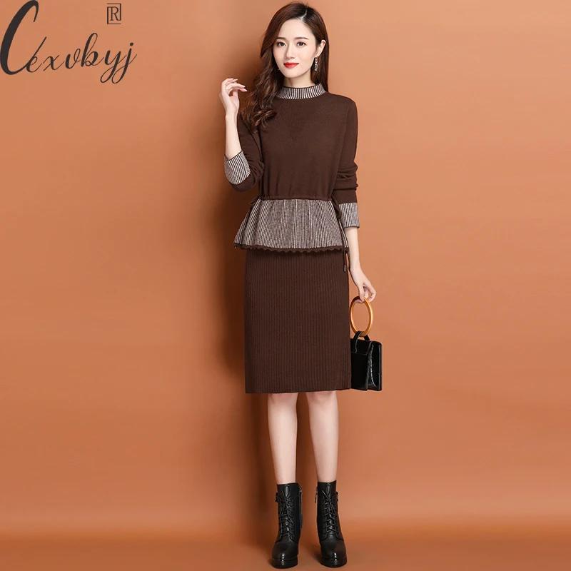 

Fake 2 Peice Knitted Dress Women Fall Winter Long Sleeve A-Line Bottoming Dress Korean Fashion Half High Collar Elegant Vestidso