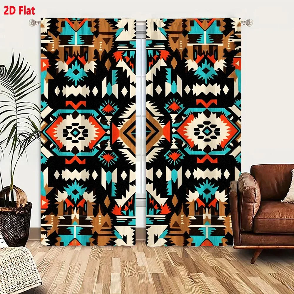 2Pcs Curtains Vibrant Ethnic Geometric Pattern With Earthy Tones And Bold Accents For Fabric Prints Or Wallpaper Window Drapes f