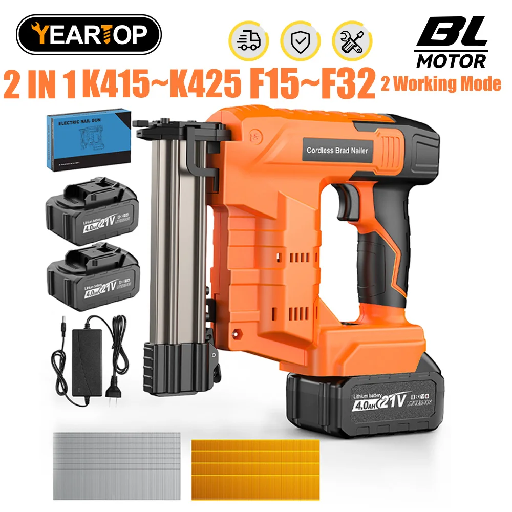 YEARTOP 2 in 1 Brushless Electric Nailer/Stapler Gun F15-F32 K415-K425 Nail 2 Mode With 1600 Pcs Nail For Makita 18V Battery