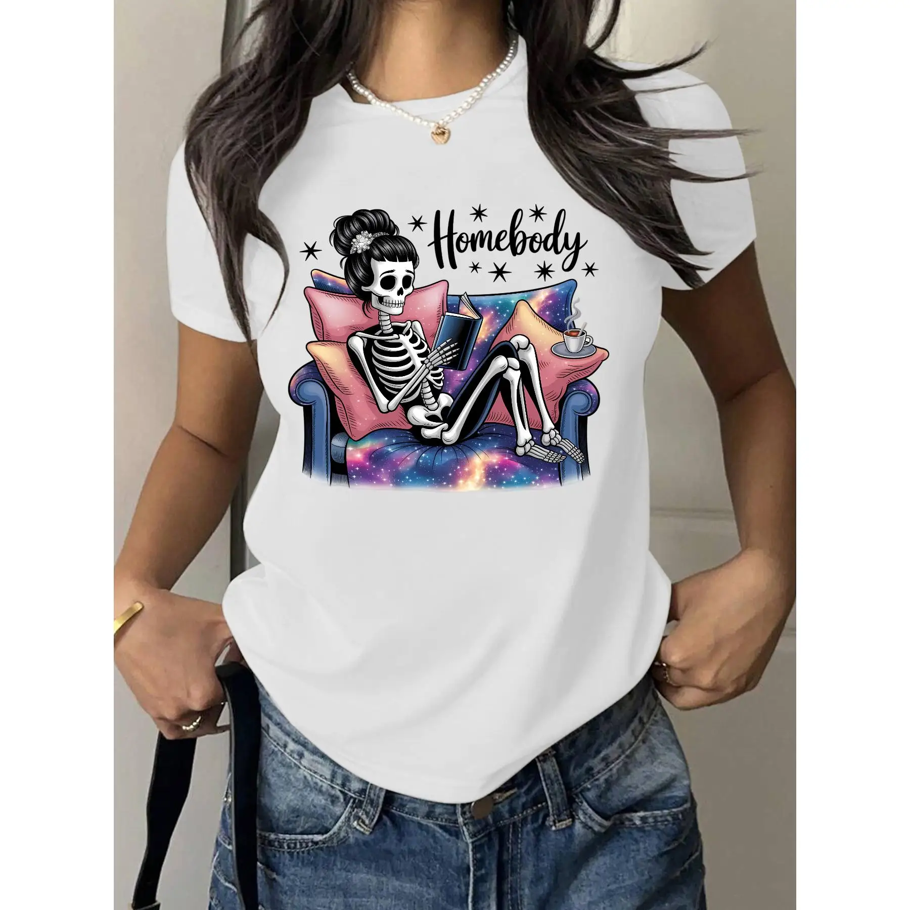 

Women's Homebody T-shirt Funny Skeleton Graphic Tee Introvert Slogan Top Casual Short Sleeve