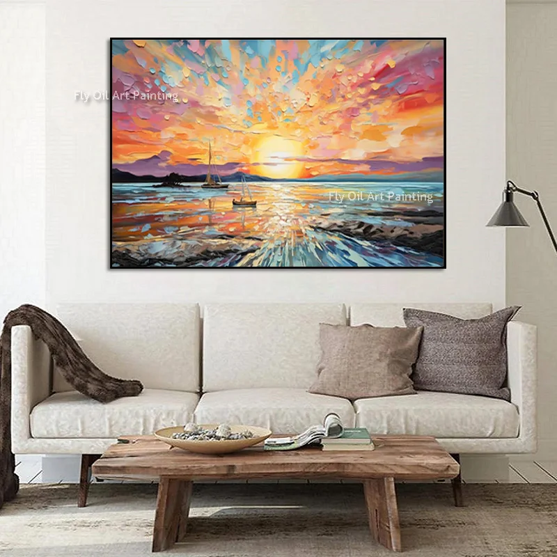 Original Hand‑Painted Impasto Sea Sunset Oil Painting, Bright Scenery Heavy‑Textured Large Canvas Wall Decoration
