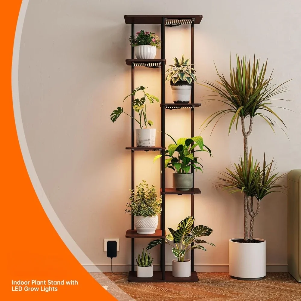 Indoor Plant Stand with Grow Lights,7 Tier Corner Wooden Tall Grow Light Stand for Indoor Plants,Full Spectrum Dimmable 50W