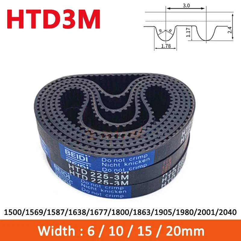 

1pc HTD3M Timing Belt 1500/1569/1587/1638/1677/1800/1863/1905/1980/2001/2040mm Width 6/10/15/20 Rubber Closed Synchronous Belt